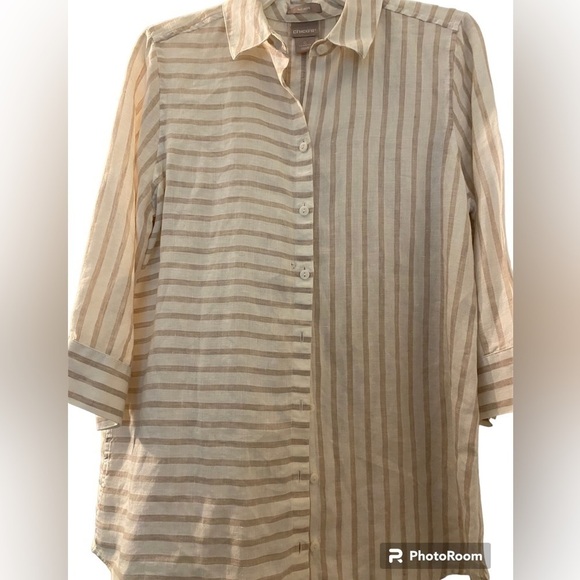 Chicos  linen tunic shirt, size 0, traditional size M, cream and beige stripes. - Picture 1 of 7